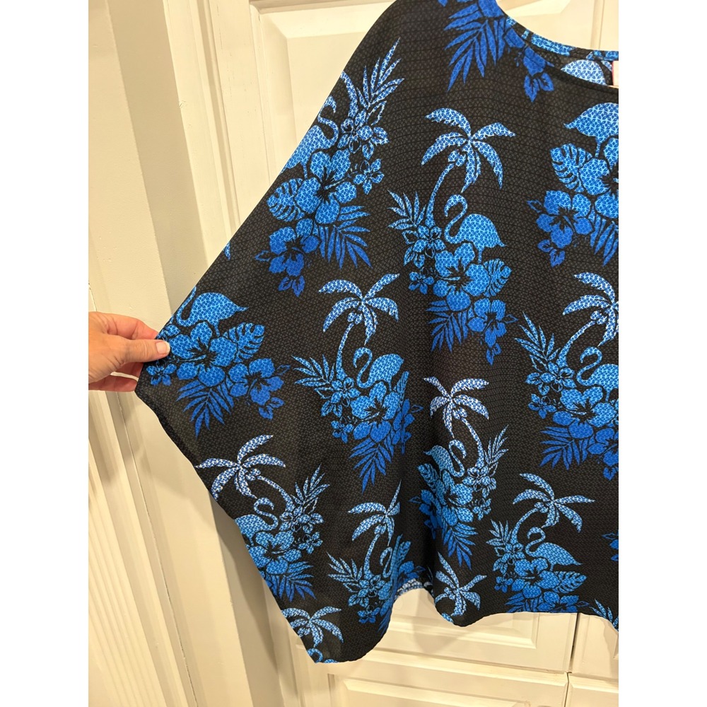 Quacker Factory Blue Flamingo Tropical Palm Tree Poncho Top Black L coastal boho - Picture 3 of 7